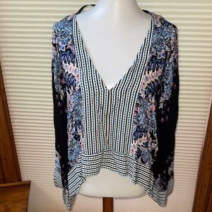 Free People Black and Blue Floral Striped Blouse